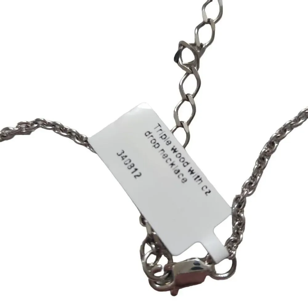 Tripia Wood with Cubic Zirconia Drop Necklace Silver Chain 16-18 inches